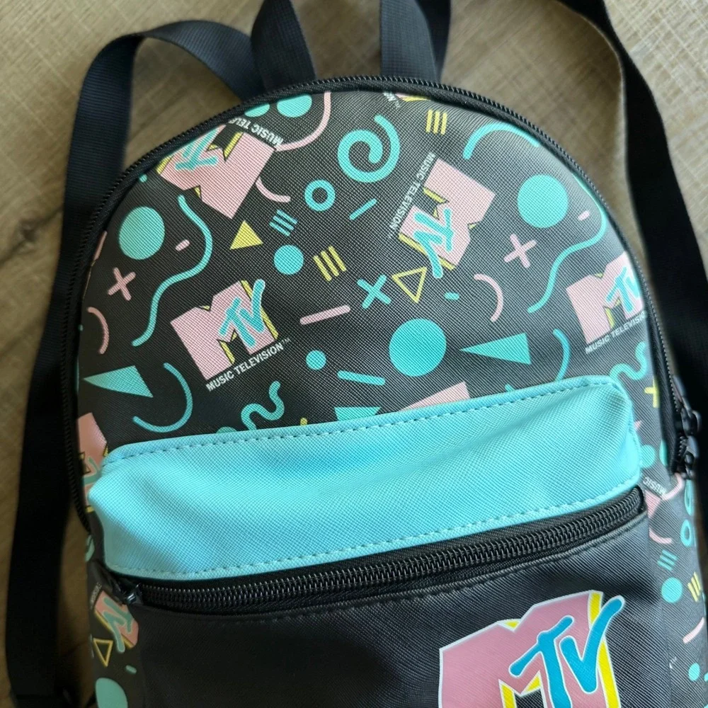 MTV Music Television Mini Backpack Black 90s Retro Geometric Print 2021 RN115665